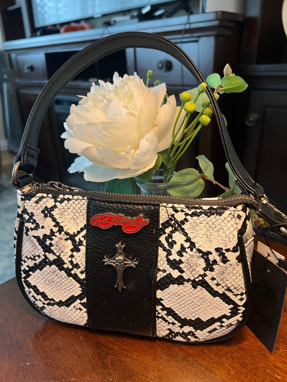 Ed Hardy Black and White Snake-Print Mini Shoulder Bag